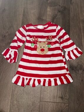 Kids Red & White Striped Reindeer Holiday Dress